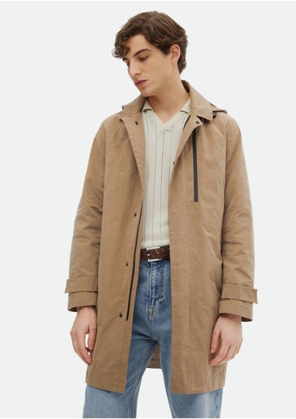 Deve Tüyü Regular Fit Gömlek Yaka Casual Dokuma Pardesü