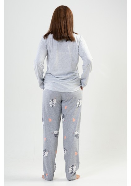 Kadın Büyük Beden Gri Uzun Kollu Yuvarlak Yaka Cepli Oval Etek Pamuklu Pijama Takımı Tam Kalıp fırsatları