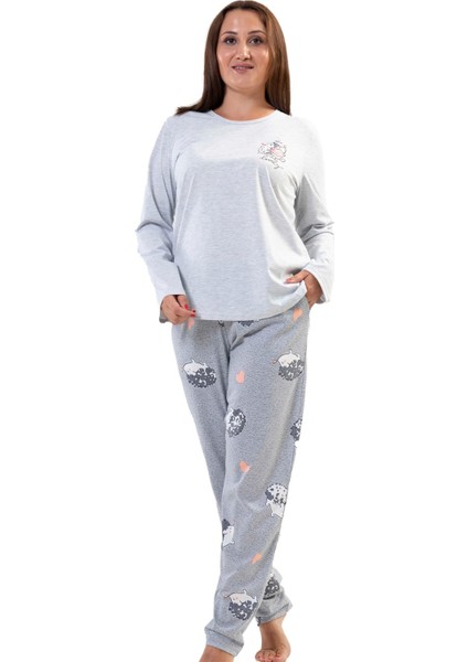 Kadın Büyük Beden Gri Uzun Kollu Yuvarlak Yaka Cepli Oval Etek Pamuklu Pijama Takımı Tam Kalıp
