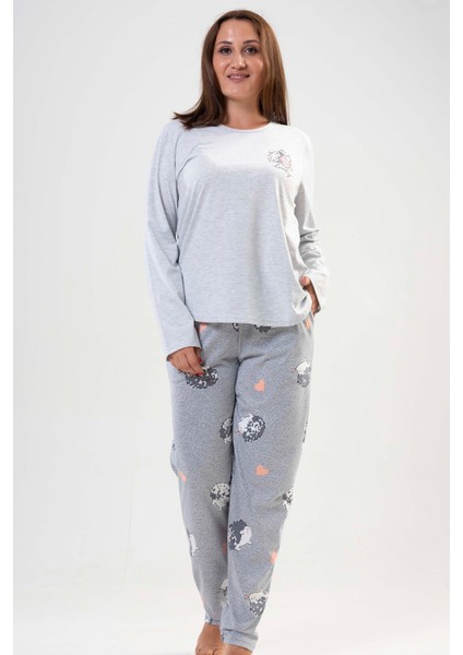 Kadın Büyük Beden Gri Uzun Kollu Yuvarlak Yaka Cepli Oval Etek Pamuklu Pijama Takımı Tam Kalıp fiyatları