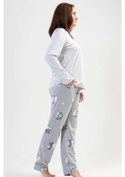 Kadın Büyük Beden Gri Uzun Kollu Yuvarlak Yaka Cepli Oval Etek Pamuklu Pijama Takımı Tam Kalıp modelleri