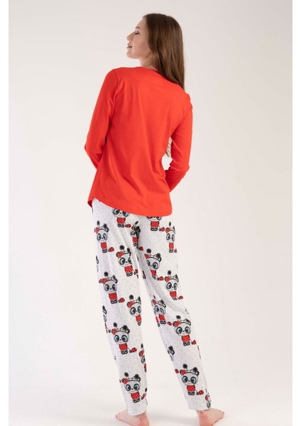 Kadın Kırmızı Uzun Kollu Yuvarlak Yaka Oval Etek Pamuklu Pijama Takımı Tam Kalıp