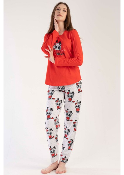 Kadın Kırmızı Uzun Kollu Yuvarlak Yaka Oval Etek Pamuklu Pijama Takımı Tam Kalıp fiyatları
