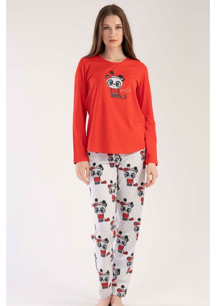 Kadın Kırmızı Uzun Kollu Yuvarlak Yaka Oval Etek Pamuklu Pijama Takımı Tam Kalıp modelleri