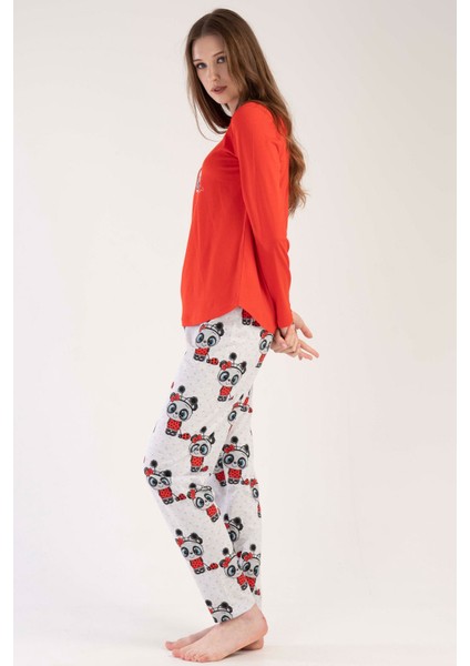 Kadın Kırmızı Uzun Kollu Yuvarlak Yaka Oval Etek Pamuklu Pijama Takımı Tam Kalıp fırsatları