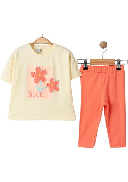 Kız Çocuk Bej Çiçekli Incili Tişörtlü Pembe Taytlı 2'li Takım