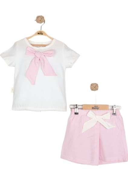 Kız Çocuk Ekru Pembe Fiyonklu Şortlu 2'li Takım