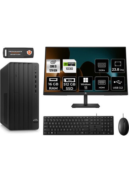 Pro Tower 290 G9 Intel Core I3 13100 16GB 512GB SSD GT1030/4GB 23.8" Fhd Monitör W11H 8T2X0ES Masaüstü Bilgisayar & Per4 USB Bellek 8T2X0ESMNT3362