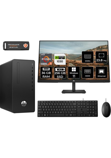 295 G9 Amd Ryzen 3 5300G 36GB 256GB SSD GT1030/4GB 23.8" Fhd Monitör W11H 6D391EA Masaüstü Bilgisayar & Per4 USB Bellek 6D391EAMNT3381