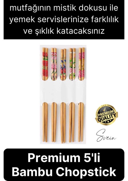 Premium Bambu 5'li Kaymaz Yıkanabilir Desenli Çin Yemek Çubuğu Uzakdoğu Asya Mutfağı Chopstick Set