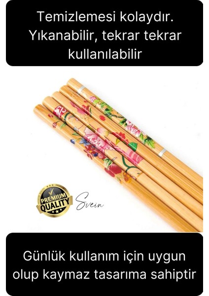 Premium Bambu 5'li Kaymaz Yıkanabilir Desenli Çin Yemek Çubuğu Uzakdoğu Asya Mutfağı Chopstick Set