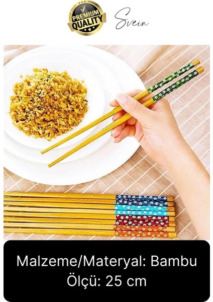 Premium Bambu 5'li Kaymaz Yıkanabilir Desenli Çin Yemek Çubuğu Uzakdoğu Asya Mutfağı Chopstick Set