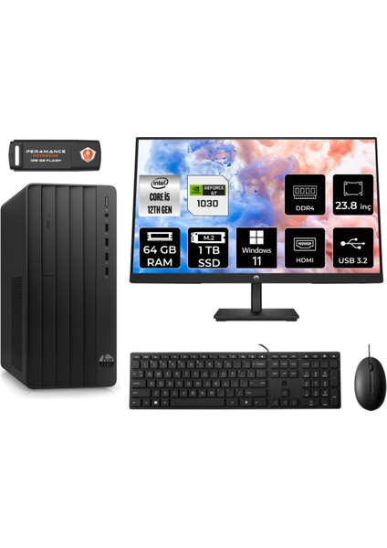 Pro Tower 290 G9 Intel Core I5 12500 64GB 1tb SSD GT1030/4GB 23.8" Fhd Monitör W11H 6D3A5EA Masaüstü Bilgisayar & Per4 USB Bellek 6D3A5EAMNT3398