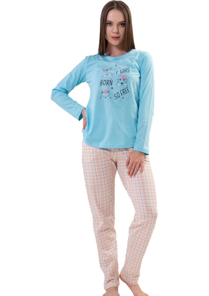 Kadın Mavi Uzun Kollu Yuvarlak Yaka Oval Etek Pamuklu Pijama Takımı Tam Kalıp