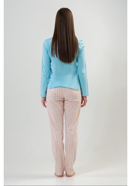 Kadın Mavi Uzun Kollu Yuvarlak Yaka Oval Etek Pamuklu Pijama Takımı Tam Kalıp