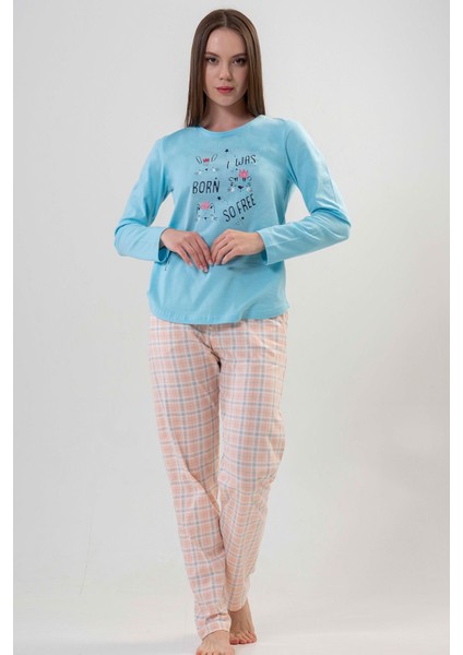 Kadın Mavi Uzun Kollu Yuvarlak Yaka Oval Etek Pamuklu Pijama Takımı Tam Kalıp