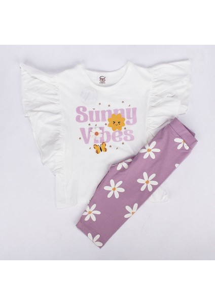 Kız Çocuk Ekru Lila Sunny Vibes Yazılı Çiçek Baskılı Taytlı 2'li Takım