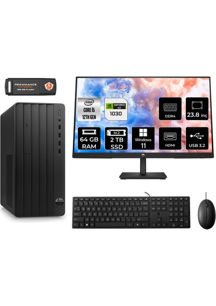 Pro Tower 290 G9 Intel Core I5 12500 64GB 2tb SSD GT1030/4GB 23.8" Fhd Monitör W11P 6D3A5EA Masaüstü Bilgisayar & Per4 USB Bellek 6D3A5EAMNT3449