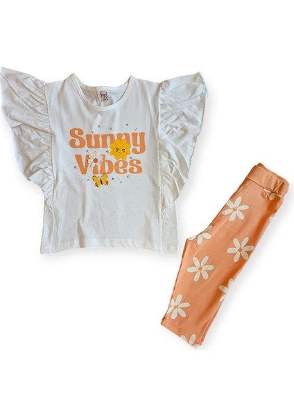 Kız Çocuk Ekru Turuncu Sunny Vibes Yazılı Çiçek Baskılı Taytlı 2'li Takım