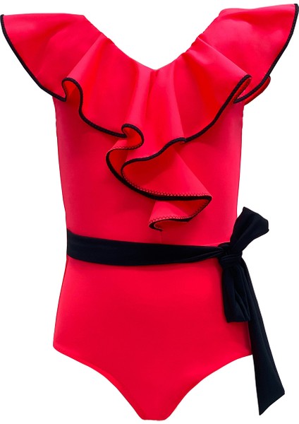 V Yaka Volanlı Kemer Ve Fiyonk Detaylı Kırmızı 50UV Kız Çocuk Mayo BY NESSI BYRD fiyatları