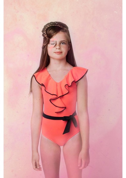 V Yaka Volanlı Kemer Ve Fiyonk Detaylı Kırmızı 50UV Kız Çocuk Mayo BY NESSI BYRD