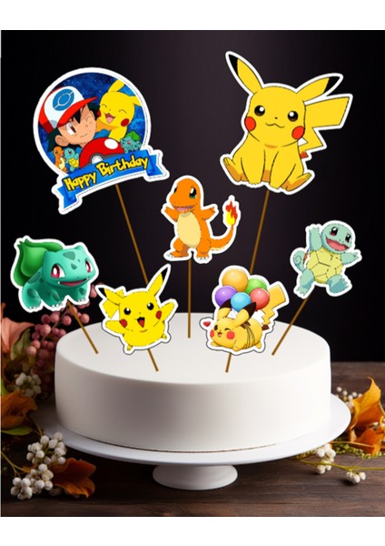 Hiras Dizayn Pokemon Pikachu ve Arkadaş Büyük Pasta Kürdanı Pasta Süsü Cupcake Pasta Doğum Günü Süsleri 7 Parça