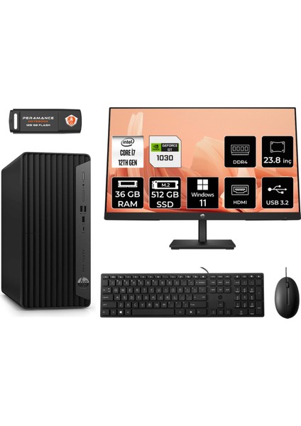 Pro Tower 400 G9 Intel Core I7 12700 36GB 512GB SSD GT1030/4GB 23.8" Fhd Monitör W11P 6U3M9EA Masaüstü Bilgisayar & Per4 USB Bellek 6U3M9EAMNT3432