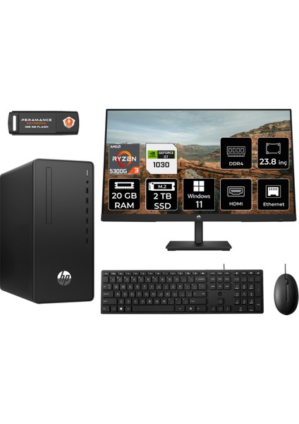 295 G9 Amd Ryzen 3 5300G 20GB 2tb SSD GT1030/4GB 23.8" Fhd Monitör W11H 6D391EA Masaüstü Bilgisayar & Per4 USB Bellek 6D391EAMNT3369