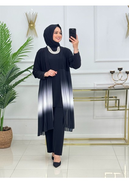 Üçlü Elmas Takım Sandy ve Dijital Baskılı Tül Kumaş Yazlık Tunik Hırka Pantolon Set ST2179