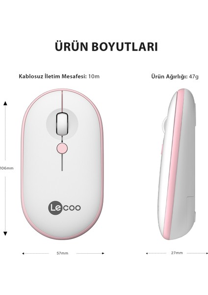WS212 Kablosuz 1600DPI 4 Tuşlu Optik Mouse Beyaz & Pembe
