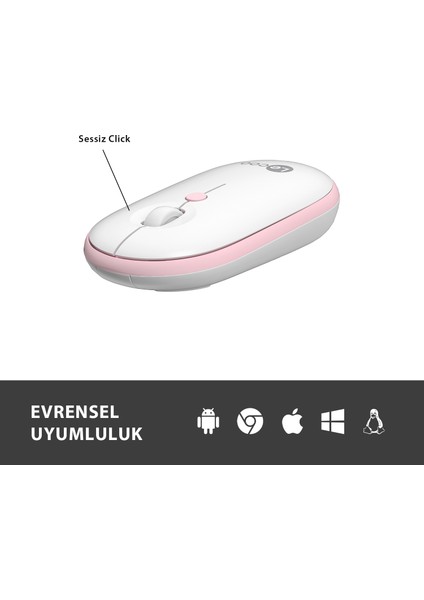 WS212 Kablosuz 1600DPI 4 Tuşlu Optik Mouse Beyaz & Pembe