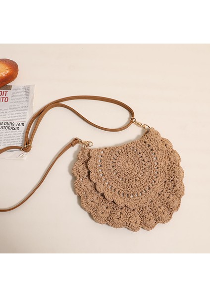 Dantel Crossbody Pamuklu Dokuma Çanta Içi Boş Omuz Hasır Çanta Çok Yönlü Kadın Çantası Kahverengi (Yurt Dışından)