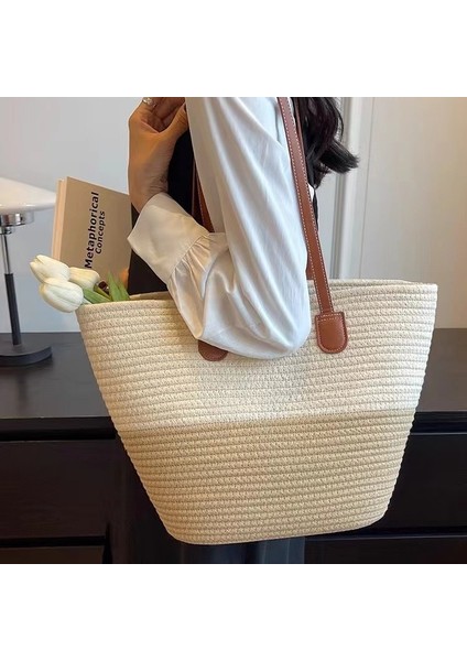 Büyük Kapasiteli Tek Omuzlu Pamuklu Dokuma Çanta Yeni Kontrast Renkli Taşınabilir Hasır Çanta Haki (Yurt Dışından)