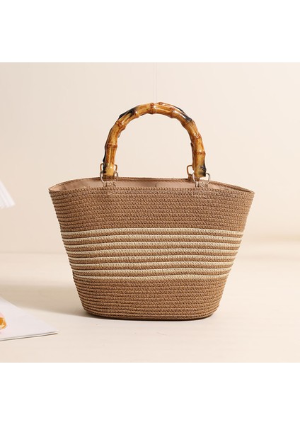 El Tipi Hasır Çanta Yeni Stil Çizgili Hasır Çanta Dokuma Çanta Çok Yönlü Kadın Çantası Beyaz Kapalı (Yurt Dışından)