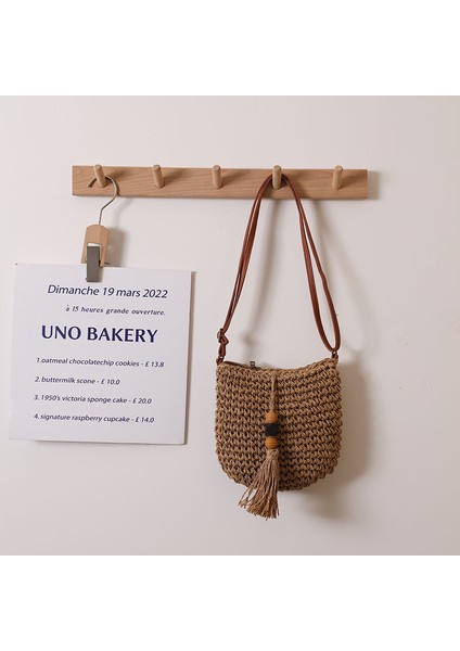 Crossbody Hasır Çanta Yeni Stil Ahşap Boncuk Püskül Hasır Çanta Dokuma Çanta Plaj Çantası Omuzdan Askili Çanta Kadınlar Için Kahverengi (Yurt Dışından)