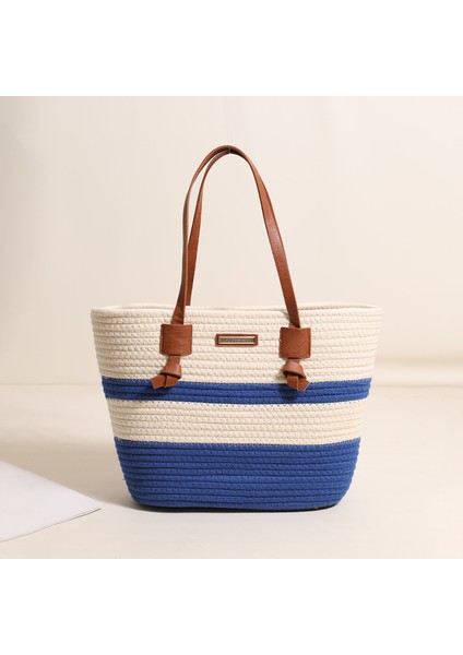 Tek Omuzlu Pamuklu Dokuma Çanta Yeni Büyük Kapasiteli Tote Tatil Tarzı Plaj Çantası Çok Yönlü Kadın Çantası Mavi (Yurt Dışından)