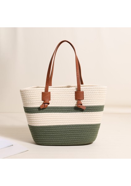 Tek Omuzlu Pamuklu Dokuma Çanta Yeni Büyük Kapasiteli Tote Tatil Tarzı Plaj Çantası Çok Yönlü Kadın Çantası Yeşil (Yurt Dışından)