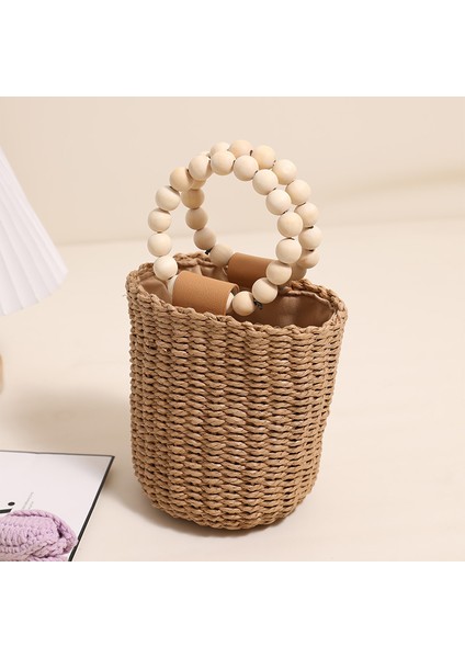 Ahşap Boncuklu Taşınabilir Dokuma Sepet Elle Taşınan Hasır Çanta Tatil Tarzı Plaj Çantası Çok Yönlü Kadın Çantası Kahverengi (Yurt Dışından)
