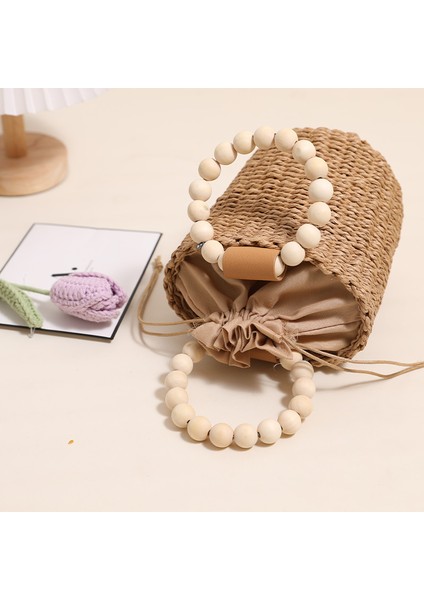 Ahşap Boncuklu Taşınabilir Dokuma Sepet Elle Taşınan Hasır Çanta Tatil Tarzı Plaj Çantası Çok Yönlü Kadın Çantası Kahverengi (Yurt Dışından) fiyatları