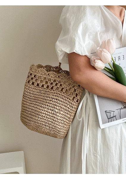 Saman Tek Omuz Hasır Çanta Yeni Içi Boş Dantel Hasır Çanta Dokuma Çanta Tatil Plaj Çantası Çok Yönlü Kadın Çantası Haki (Yurt Dışından)