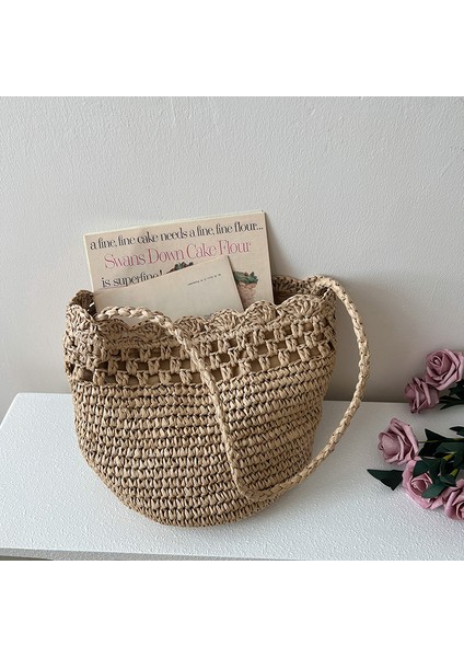 Saman Tek Omuz Hasır Çanta Yeni Içi Boş Dantel Hasır Çanta Dokuma Çanta Tatil Plaj Çantası Çok Yönlü Kadın Çantası Haki (Yurt Dışından) fiyatları