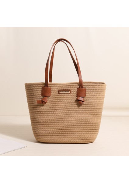 Tek Omuzlu Pamuklu Dokuma Çanta Yeni Büyük Kapasiteli Tote Tatil Tarzı Plaj Çantası Çok Yönlü Kadın Çantası Kahverengi (Yurt Dışından)