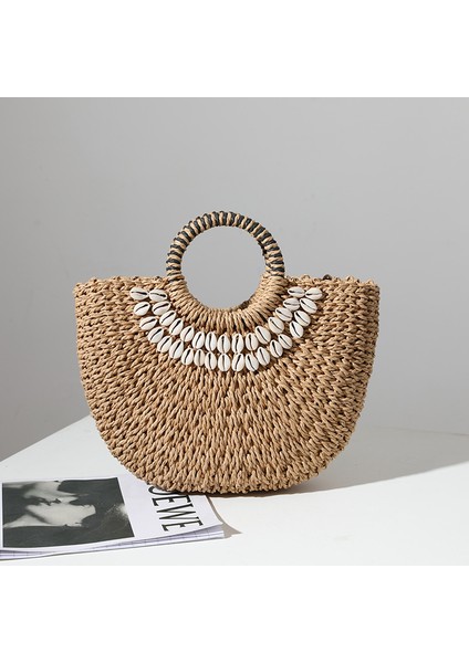 Yeni Hasır Dokuma Çanta Taşınabilir Yarım Daire Kabuk El Yapımı Hasır Dokuma Çanta Kadın Sahil Tatil Plaj Çantası Kahverengi (Yurt Dışından)