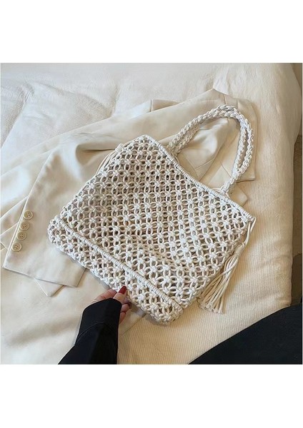 Içi Boş Pamuklu Dokuma Çanta Yeni Omuz Püskül Hasır Çanta Tatil Tarzı Plaj Çantası Çok Yönlü Kadın Çantası Beyaz Kapalı (Yurt Dışından)