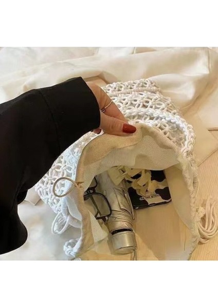 Içi Boş Pamuklu Dokuma Çanta Yeni Omuz Püskül Hasır Çanta Tatil Tarzı Plaj Çantası Çok Yönlü Kadın Çantası Beyaz Kapalı (Yurt Dışından) fiyatları