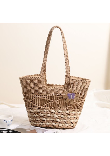 Büyük Kapasiteli Tek Omuz Içi Boş Hasır Çanta Yeni Çiçek Dokuma Çanta Tatil Plaj Çantası Kahverengi (Yurt Dışından)