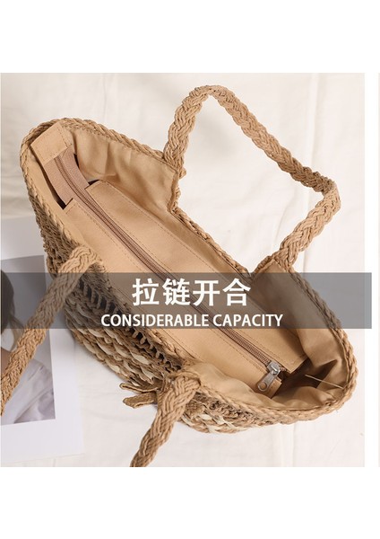 Büyük Kapasiteli Tek Omuz Içi Boş Hasır Çanta Yeni Çiçek Dokuma Çanta Tatil Plaj Çantası Kahverengi (Yurt Dışından) fiyatları