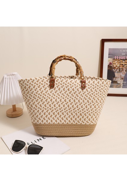 Büyük Kapasiteli Taşınabilir Pamuklu Dokuma Çanta Yeni Çok Yönlü El Hasır Dokuma Çanta Çok Yönlü Kadın Çantası Kahverengi (Yurt Dışından)