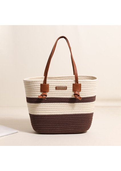 Tek Omuzlu Pamuklu Dokuma Çanta Yeni Büyük Kapasiteli Tote Tatil Tarzı Plaj Çantası Çok Yönlü Kadın Çantası Kahverengi (Yurt Dışından)