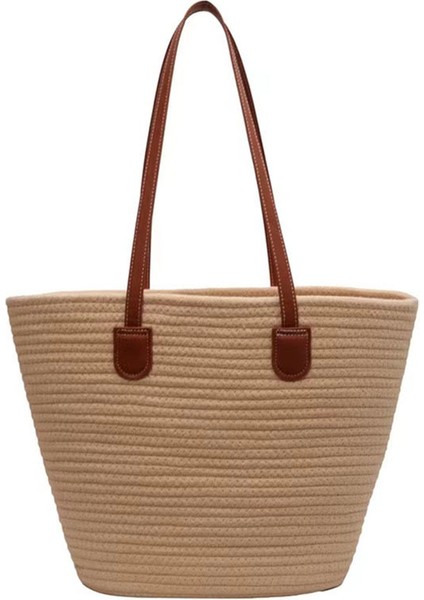 Büyük Kapasiteli Tek Omuzlu Pamuklu Dokuma Çanta Yeni Kontrast Renkli Taşınabilir Hasır Çanta Kahverengi (Yurt Dışından)